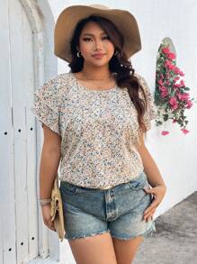 SHEIN LUNE Floral Ruffle Trim Plus Size Women's Casual Shirt, Fresh And Romantic Spring Break Boho Rave Festival Spring Break Old Money Style Women Rave Summer Spring For Women Beach Saint Patrick Easter Lounge Top For Women Summer Vacation Woman Easter Rave Festival Boho Women Country Women Country Concert Spring For Women Summer Western Wear Women Top - Multicolor - View 4