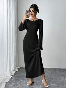 Siren Gaze Váy dài bằng vải satin màu trơn, cổ tròn đơn giản và thời trang, tay chuông bằng vải satin, váy dạ hội buộc dây và bó sát, váy gợi cảm, váy dài nữ, váy ngày lễ thanh lịch màu mơ, váy lễ tạ ơn, váy dự tiệc ngày lễ nữ, váy đêm giao thừa - màu đen - Xem 5