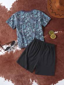 SHEIN 2pcs Young Boys Spring & Summer Vacation Casual Retro Printed T-Shirt Paired With Gray Pants Set, Suitable For Outdoor Activities, Daily Wear And Vacation