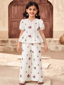 SHEIN Young Girl's Casual Fashion Ditsy Floral V-Neck Sleeveless Top And Straight Leg Pants Set - Apricot - View 6