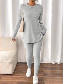 SHEIN Frenchy Women's Casual Solid Color Long Sleeve Top & Long Pants Set - Grey - View 3