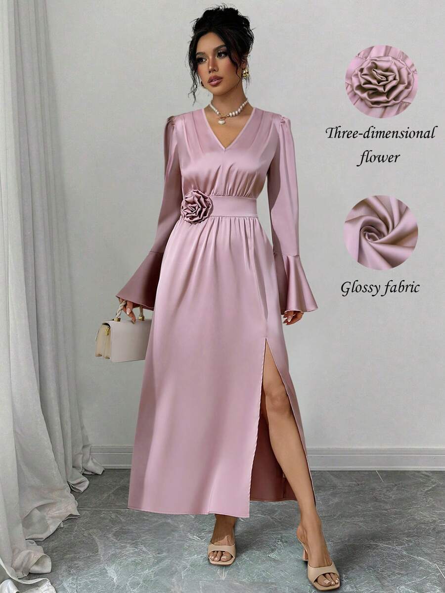 SHEIN Clasi فستان أنيق ذو فتحة رقبة على شكل حرف V وأكمام طويلة واسعة وخصر ضيق مزخرف بالزهور مناسب للربيع والصيف، طويل من الخلف وقصير من الأمام - وردي - مشاهدة 1