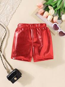 SHEIN Valentine's Day Party PU Baby Girls Elastic Waist Summer Shorts