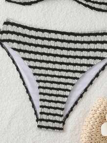 SHEIN Teen Girl Black And White Knitted Texture,Summer Beach Striped Halter Bikini Set,Summer Vacation, Holidays - Black and White - View 4