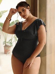 Swim Chiccia Plus Size One-Piece Swimsuit With Elegant Ruffle Trim And Front Tie, Summer Beach Collection