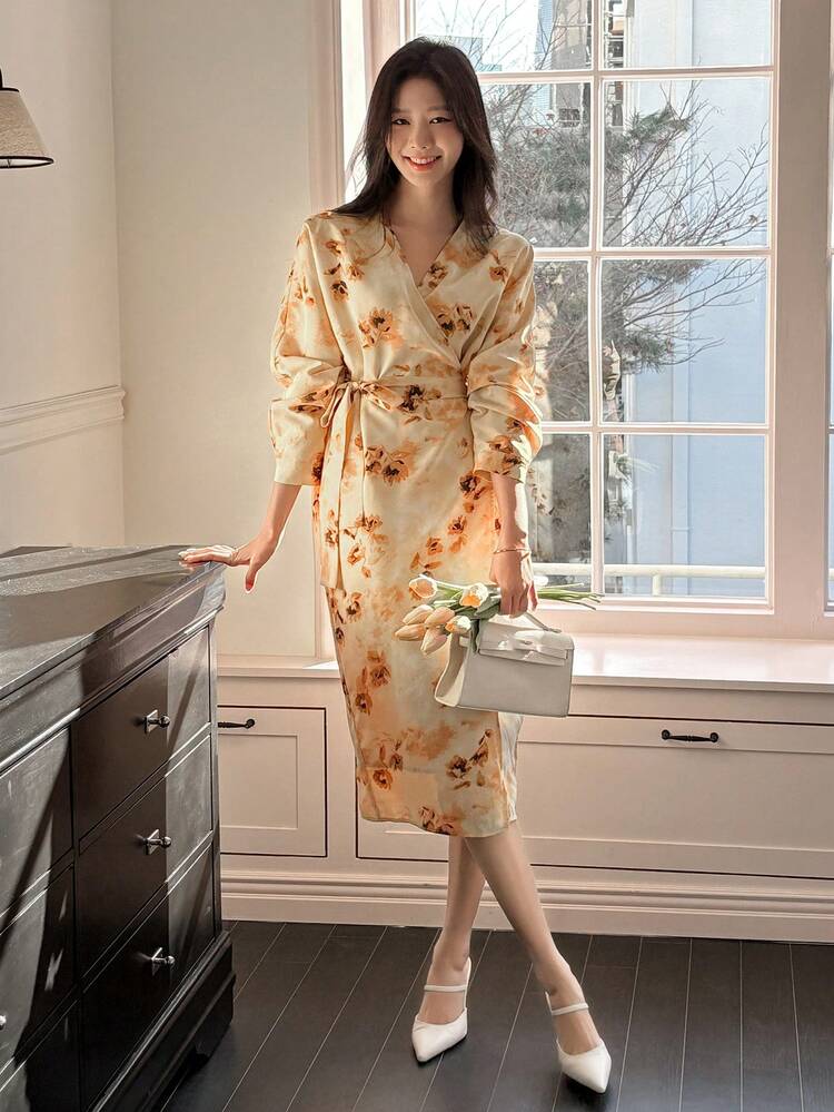 French Elegant Floral V-Neck Long Dress,Fall Clothes Long Sleeve Dress Maxi Dress