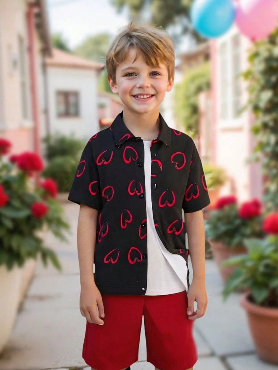 Tween Boy Valentine's Day Casual Short Sleeve Shirt, Collared Heart Print Top For Summer - Black - View 1