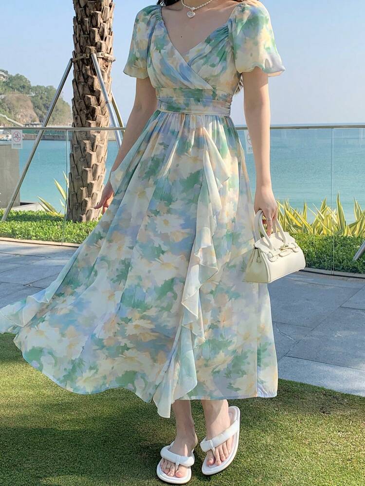 Women's V-Neck Floral Print Ruffle Hem Long Dress Sundress Vacation Outfits Women Boho