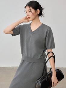 Dazy-Less 2pcs Set Loose Solid Knit Top And Skirt, Women Sweater Suit Business Casual Woman Work Clothes - Dark Grey - View 4
