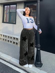 SHEIN ICON 大码女式前扣口袋五角星休闲牛仔裤 - 深灰色 - 查看 5