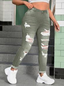 SHEIN EZwear Jeans pitillo de talla grande de mezclilla azul de lavado medio elásticos y rasgados, de aspecto sexy