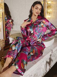 LuxeNights Dampyjamaset med tropiskt växttryck, knappar framtill, långärmad topp och byxor, höst- och vinterkläder - Multifärgad - Visa 6