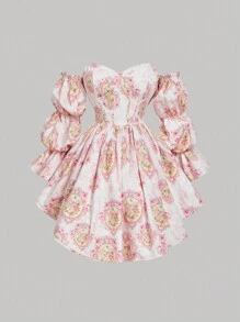 SHEIN MOD Off Shoulder Ruffle Sleeve Party Mini Dress With Asymmetrical Hem And Floral Print For Women, Pink Print, Lotus Sleeves, Princess Party Dress - Multicolor - View 2