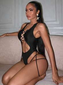 Swim SXY 游泳夏季海滩度假服装女士性感系带连体泳衣 - 黑色 - 查看 3