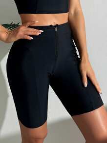 SHEIN Swim Bottom de traje de baño deportivo con cierre delantero de unicolor para mujer, estilo Festival Boho, para vacaciones de playa de verano