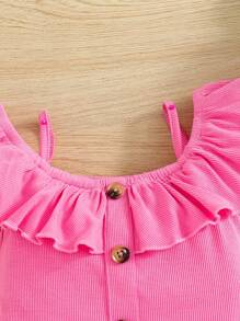 SHEIN Baby Girl Solid Color Ruffle Strap Tank Top & Striped Shorts 2Pcs Set