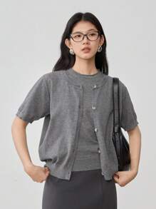 Dazy-Less 2 Pieces Knitted Vest Sweater & Cardigan Set For Women Old Money - Grey - View 1