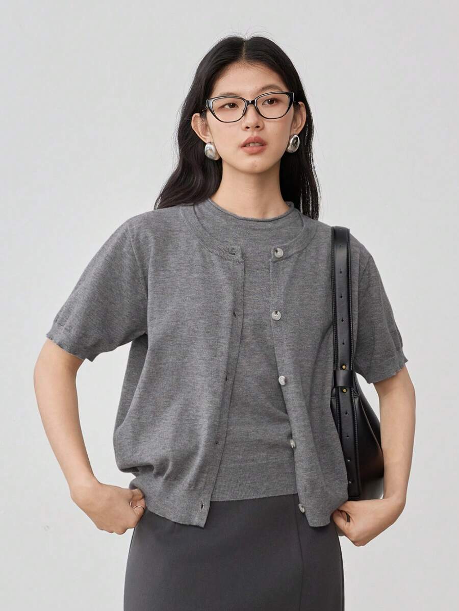 Dazy-Less 2 Pieces Knitted Vest Sweater & Cardigan Set For Women Old Money - Grey - View 1