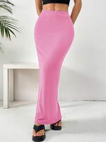 SHEIN EZwear Saia Preta de Malha Justas até o Joelho Feminina - Rosa chiclete - Visão 6