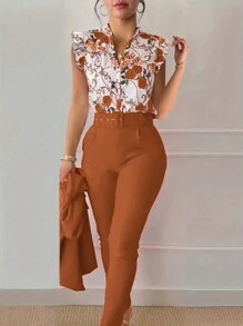 Xyvia Conjunto de 2 piezas de mujer con camisa de botones delanteros con estampado floral y pantalones de largo completo (el cinturón es decorativo) - Óxido marrón - Ver 3