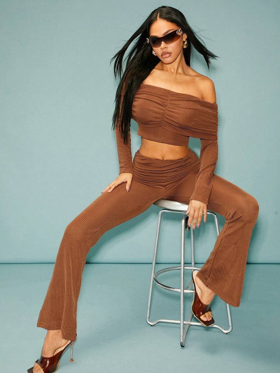 SHEIN Unity Women Striped Minimalist Flare Pants, Casual Daily Wear - Brown - View 1