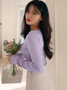 DAZY Áo thun nữ cổ chữ V dài tay màu trơn, mặc hàng ngày, trang phục mùa thu - Màu tím - Xem 5