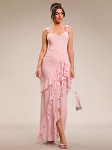 SHEIN BAE Vestido de novia de boda súper largo con espalda descubierta y hoja de loto de color rosa sólido sexy, vestido de dama de honor, vestido para citas, vestido de fiesta, vestido de temporada escolar, vestido de vacaciones, vestido de cumpleaños, vestido para salir de noche, ropa de verano para mujer, ropa de primavera, atuendo para el Día de San Valentín, carnaval, atuendo de vacaciones en la playa