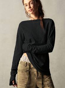 Bohemela BOHO Casual Solid Color Knit Boat Neck Long Sleeve Loose Fit Regular T-Shirt - Black - View 3