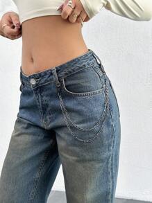 EURMUSE WOMEN STRAIGHT LOW WAIST JEANS DHAIN DETAIL - Medium Wash - View 4