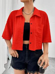 SHEIN EZwear Summer Drop Shoulder Pocket Patched Shirt Without Cami Top - Red - View 3