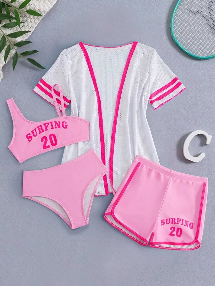 SHEIN 4pcs Tween Girl Colorblock Patchwork Simple Casual Swimwear (Printed Placement) Summer Holiday - Pink - View 1