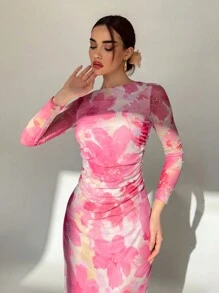 Aloruh 情人节女士粉色花卉印花长袖超长网眼连衣裙 - 彩色 - 查看 4