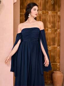 Modelyn Women Elegant Solid Color Off-Shoulder Midi Dress - Navy Blue - View 3
