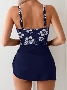 Swim Lushoire Summer 1pc Elegant Hibiscus Print Slimming Full Coverage One-Piece Swim Dress - Blue - View 2