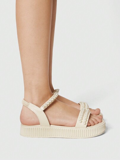 Fairycore Women's Summer Open Toe Roman Beach Sandals, Lace Transparent Pearl Gothic Platform Wedge Heeled Sandals