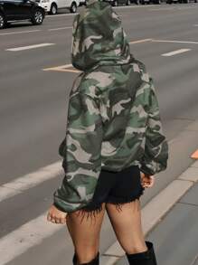 Sudadera con capucha de manga larga con estampado de camuflaje para mujer en otoño/invierno - Caqui - Ver 2