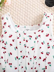 SHEIN Leap Crew Young Girl Summer Cute Ditsy Floral Pattern Square Neck Fitted Tank Top - White - View 3