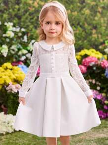 SHEIN SHEIN Young Girl Fall/Winter Christmas Elegant Contrast Lace Collar Fold Pleated Dress