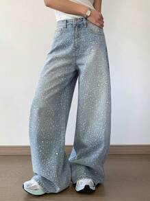 DAZY Women's Polka Dot Rhinestone Embellished Straight-Leg Jeans - Light Wash - View 2