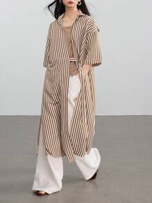 Dazy-Less Vacation Beach Striped Design Drawstring Tie Front Split Long Sleeve Shirt Dress For Women Old Money Style - Brown - View 2