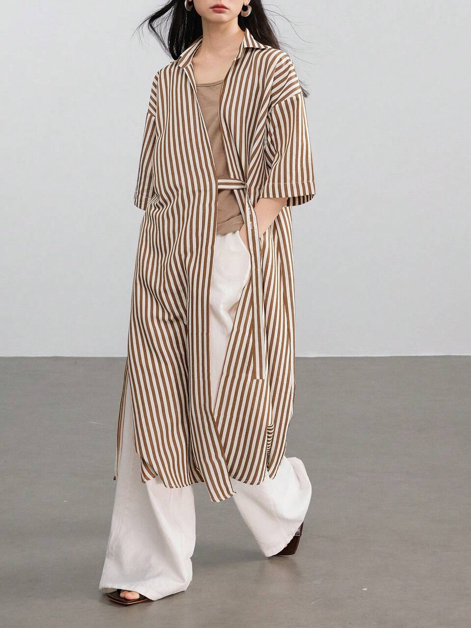Vacation Beach Striped Design Drawstring Tie Front Split Long Sleeve Shirt Dress For Women Old Money Style