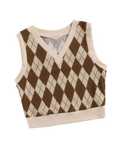 SHEIN EZwear V Neck Argyle Print Tank Crop Top