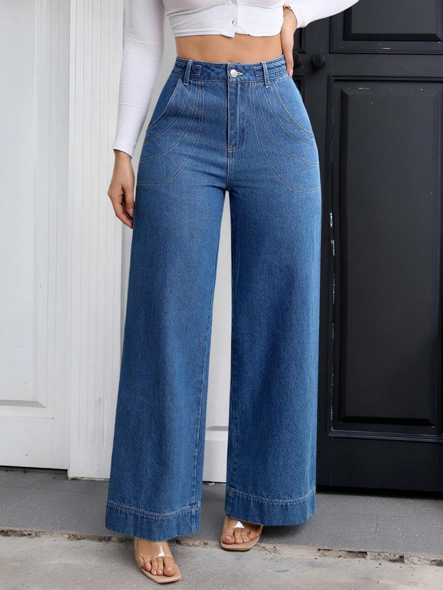 EMERY ROSE Women's Simple Front Button Pocket Denim Jeans, Casual Daily Wear - Medium Wash - View 1