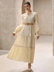 Chiquease Elegant Vacation Bohemian Fashion Lace Patchwork Tie Up Waist Belt Design Long Sleeve Dress For Women  Old Money Style For Spring Fall - Apricot - View 2