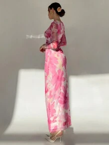 Aloruh 情人节女士粉色花卉印花长袖超长网眼连衣裙 - 彩色 - 查看 2