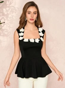 SHEIN Clasi Women's Elegant 3D Floral Decor Waist Cinching Camisole, Fairycore,Wedding Guest