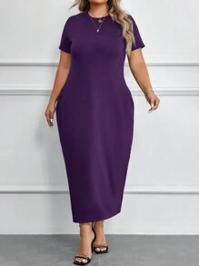 EMERY ROSE Plus Size Solid Color Round Neck Short Sleeve Pocket Casual Long Dress - Purple - View 6