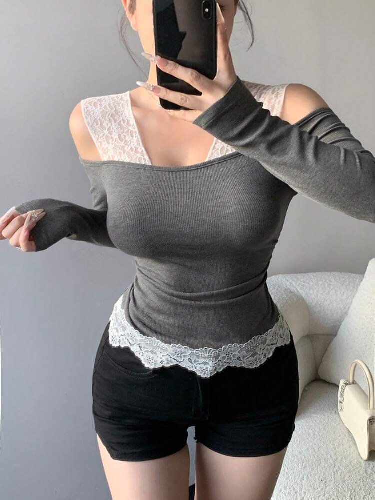 Women V-Neck Contrast Color Lace Splicing Long Sleeve Fitted T-Shirt