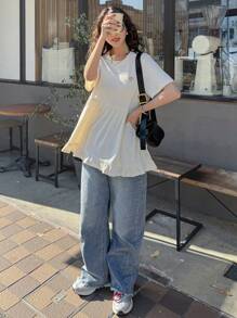 FRIFUL 女士奶油白色心形图案T恤，夏季女士甜美风格，娃娃装上衣