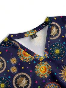 PopScrub Women Stars, Moon, Sun Pattern /Nursing Scrub Uniform Top - White - View 3